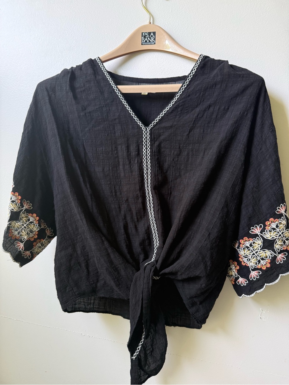 Max Studio Black V-Neck Tie-Front Blouse with Embroidered Sleeves